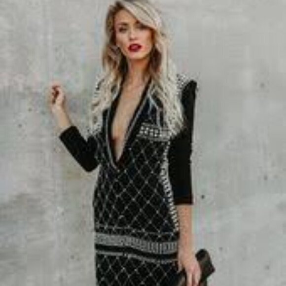 L'atiste Pearl Tuxedo Dress Black Long Sleeve Deep V-Neck Lined Bodycon NEW - Picture 3 of 13